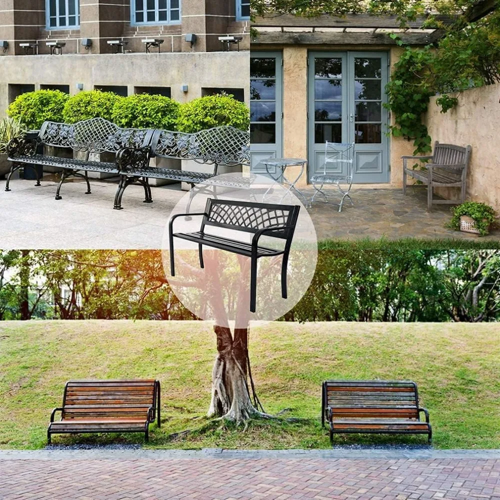 Banc de jardin extérieur, banc de patio avec cadre en acier et fer avec motif de maille pour porche, pelouse