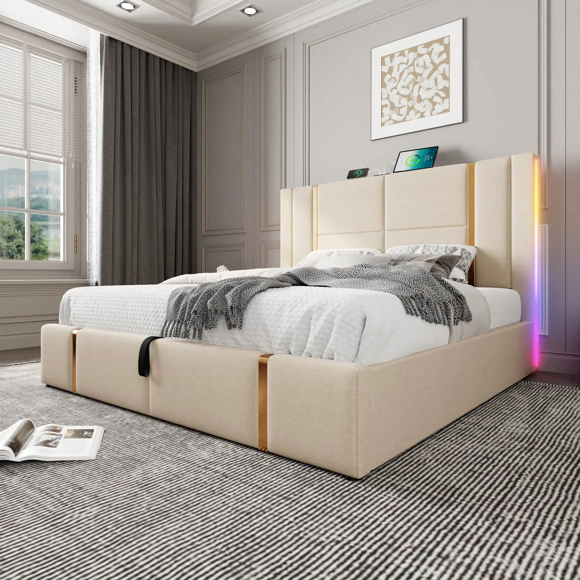 KOMHTOM Bett mit Stauraum, gepolstertes Bett, Doppelbett, 160 x 200 cm, LED-Funktionsbett mit USB-Ladefunktion, ohne Matratze
