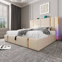 Polsterbett USB Type C Ladefunktion APP-Control LED 140*200 Stauraumbetten, Lattenrost aus Holz, Leinenmaterial (Ohne Matratze)