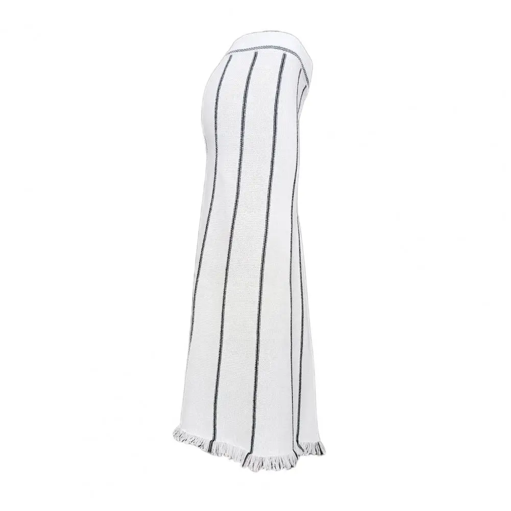 Women Skirt Striped Print Tassel Hem Knitting Skirt for Women High Waist Elastic Long Skirt with Irregular Design Loose Fit Knit