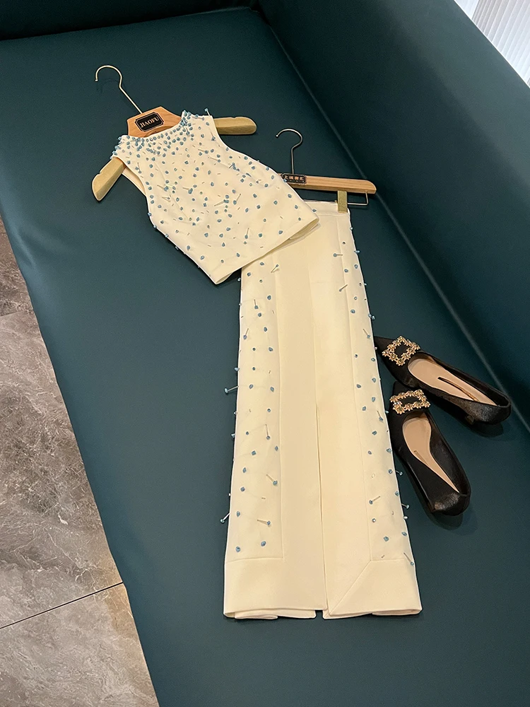 

Faionable Celebri Sle, жилет из бисера, топ и юбка с разрезом, комплект из двух предметов с тяжелой вышивкой для женщин, комплект для поездок на работу