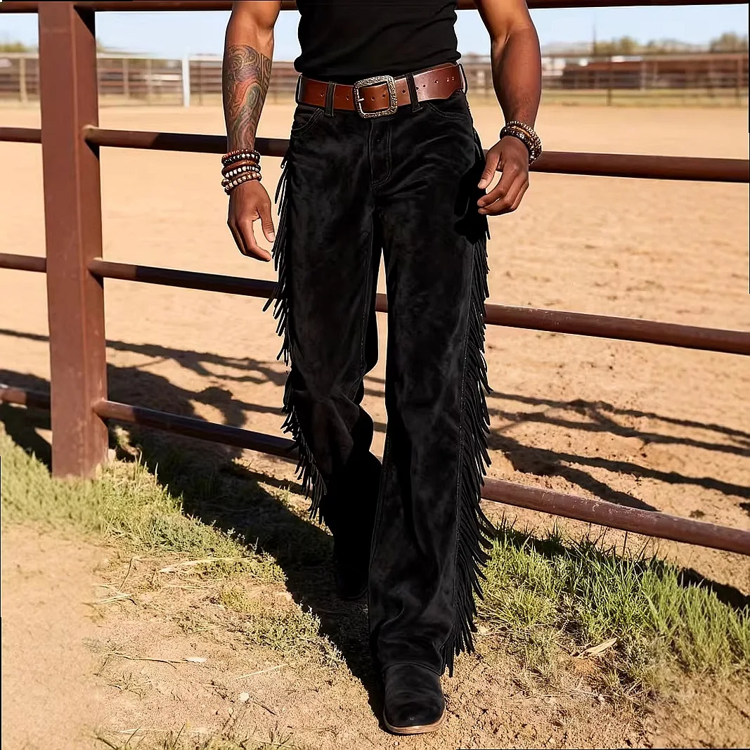 Vintage Western Cowboy Fringed Suede Flared Pants Men Overall Jumpsuit Playsuit