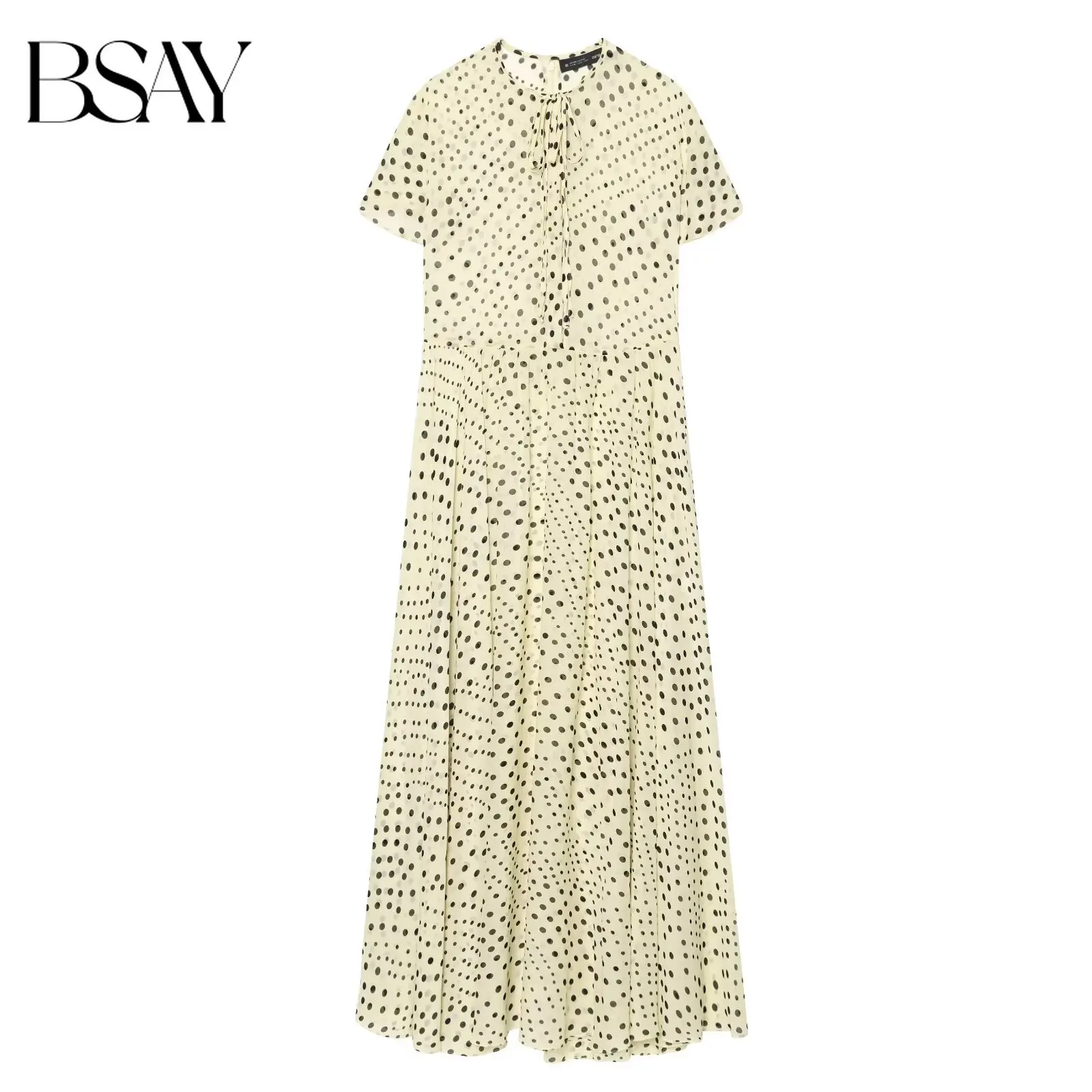 BSAY 2026 Damen Mode Polka Dot Kleid Rundhals Schleife Vorne Fließendes Plissiertes Maxikleid Elegantes Urlaubs-Freizeitkleid Strandkleid