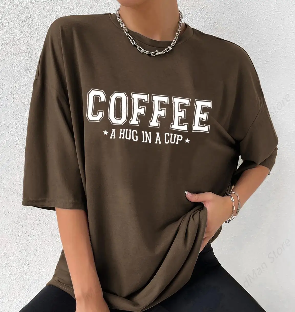 Coffee A Hug In a Cup Oversized T-Shirt Coffee Lover Loose Tee Women fashion Casual cotton Aesthetic Top