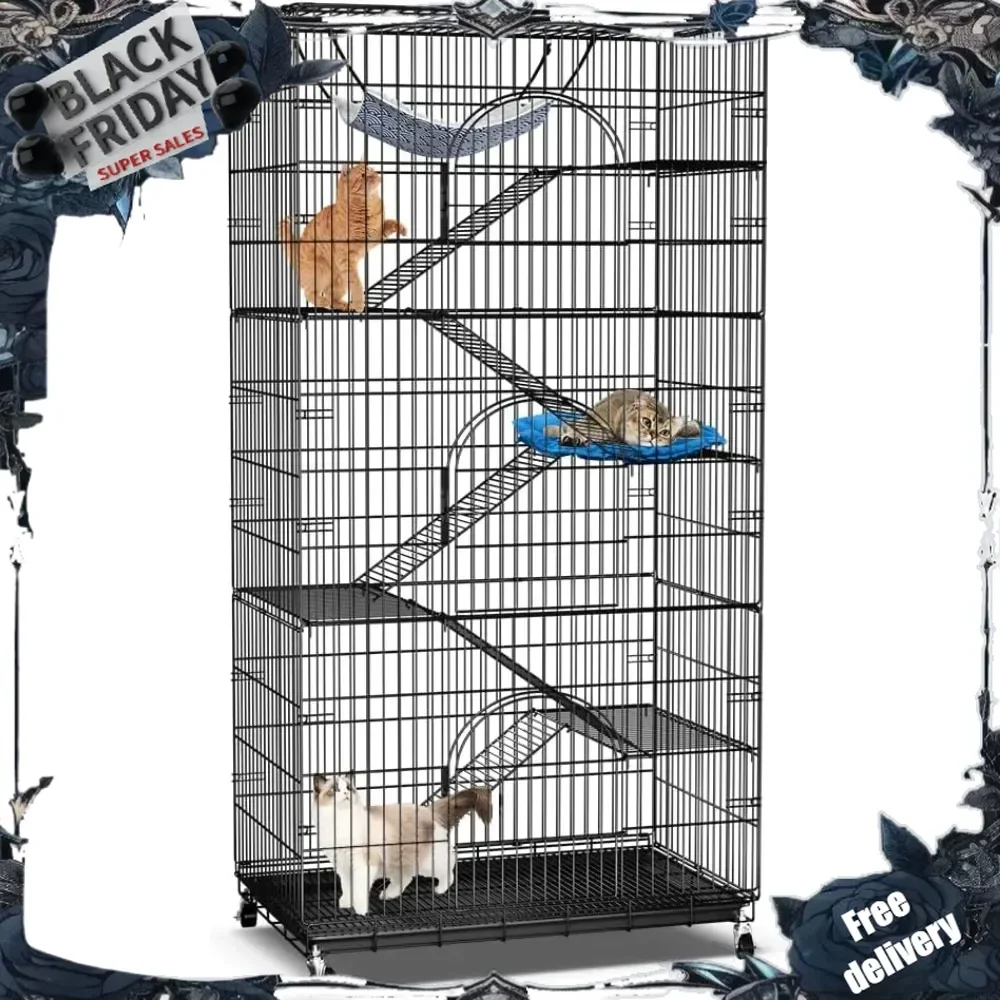 6-Tier Large Cat Cage Playpen, 72-inch Indoor/Outdoor Enclosure with 3 Doors, Hammock, Suitable for Cats, Kittens