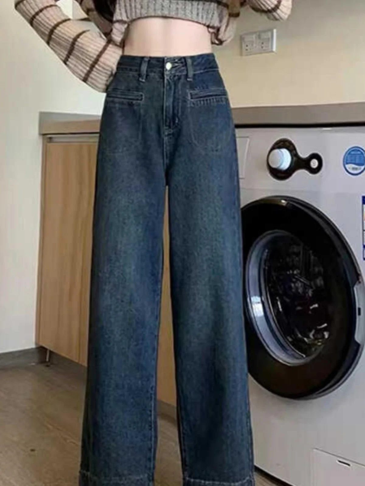 

Джинсы с высокой талией и широкими штанинами, прямые джинсовые брюки для женщин, весна-осень, большие размеры, для фигуры типа «груша», ретро, свободные, стройнящие