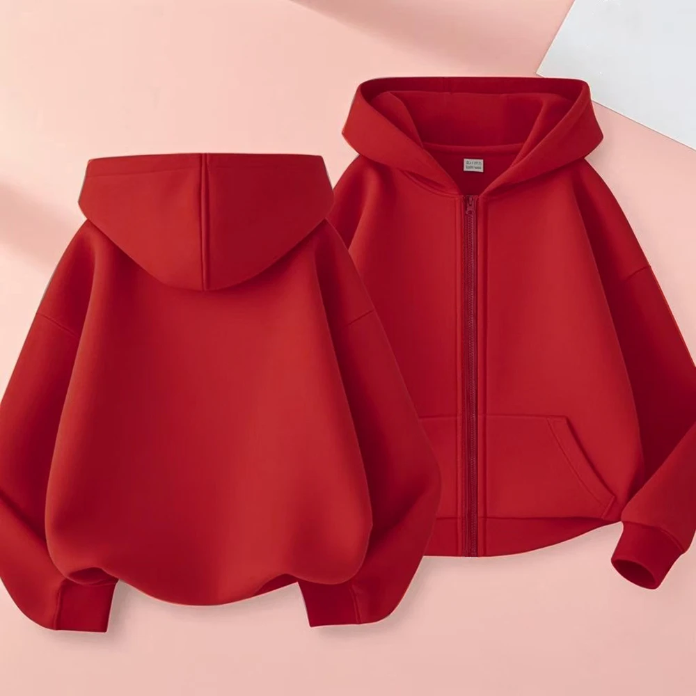 Top con cerniera alla moda Bambini Felpe con cappuccio per ragazzi Ragazze Camicia con cappuccio rossa Felpa con cappuccio tinta unita per bambini cardigan Cappotto nero rosa Autunno