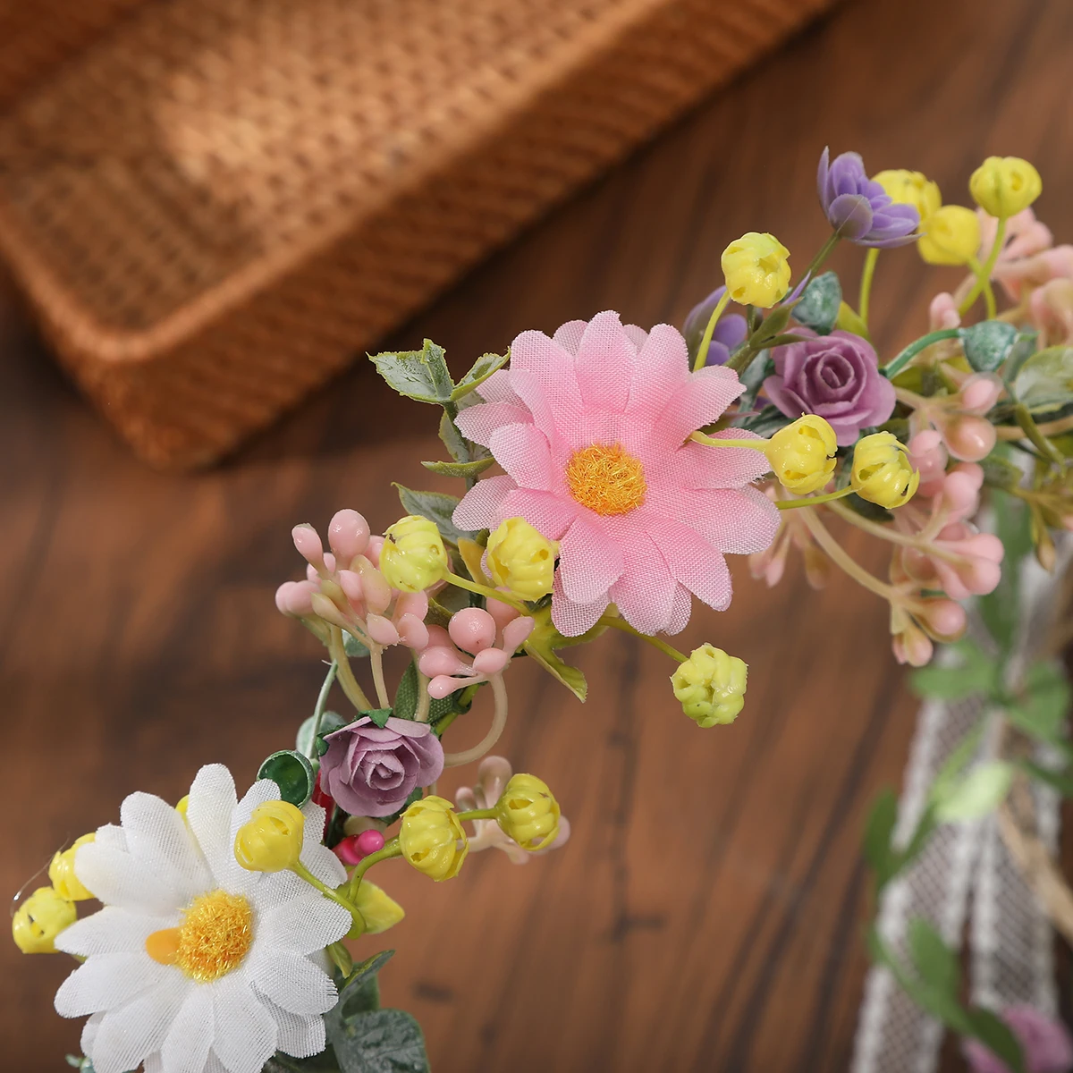 Haimeikang Bohemian Rattan Blume Spitze Reben Krone Stirnband für Braut Hochzeit Haarschmuck Mädchen Blumenkranz Stirnband