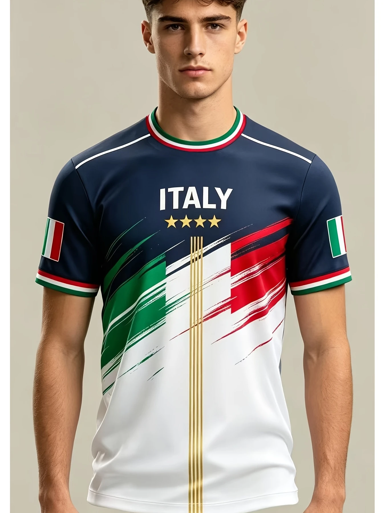 Italian Men's Crew Neck Short-Sleeved Football Jersey, Football Fan Jersey, Summer Sports Casual Fashion Cool Breathable Top
