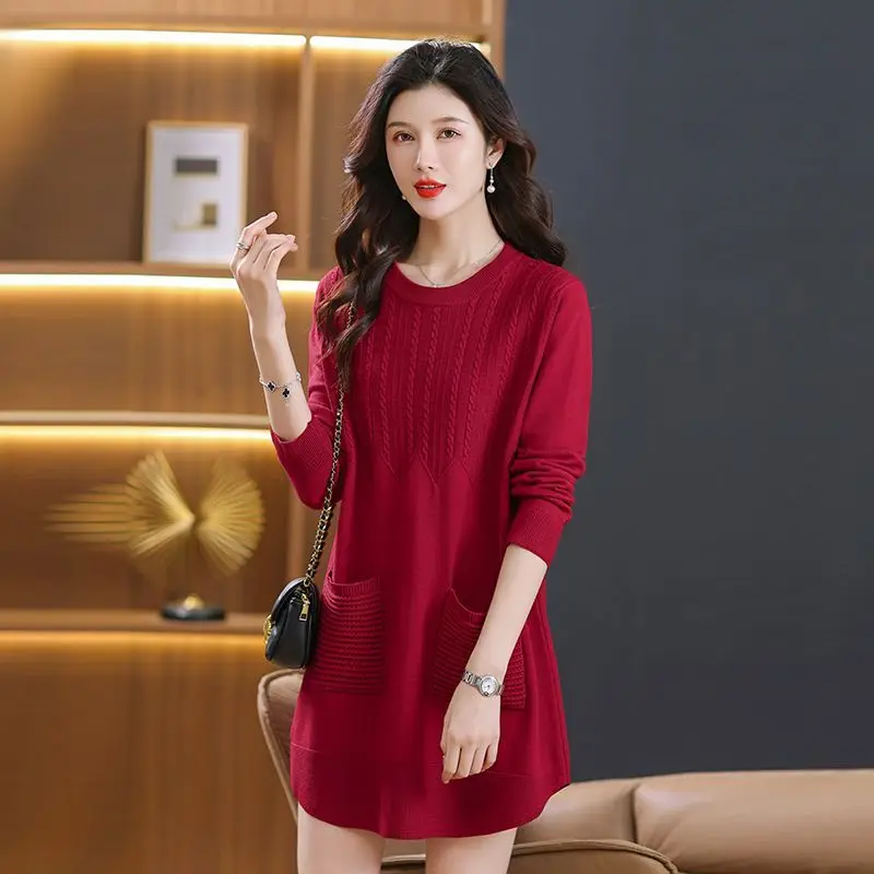 

Round Neck Knitwear Jacket Mother Pullover Woman Long Sweater Skirts Female 2026 Autumn Winter New High Quality Bottoming Shirt