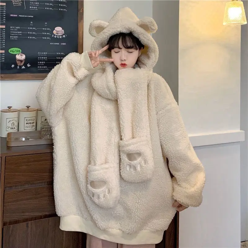 Kawaii Bear Hooded Sweater Women's College Wind Hooded Scarf Cute Bear Gloves One Detachable Lamb Plush Sweater Women Clothes