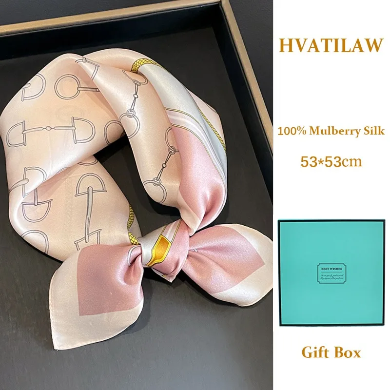 

New Luxury 100% Mulberry Silk Scarf Women Fashion Design Small 53cm Square Shawl Neck Hair Headband Neckerchief Hijab Bandana