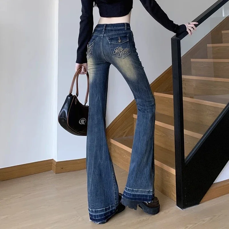 Woman Vintage High Waist Baggy Bell Bottom Jeans Female Fashion Flare Pants Girls Aesthetic Blue Trashy Y2k 2000s Denim Trousers