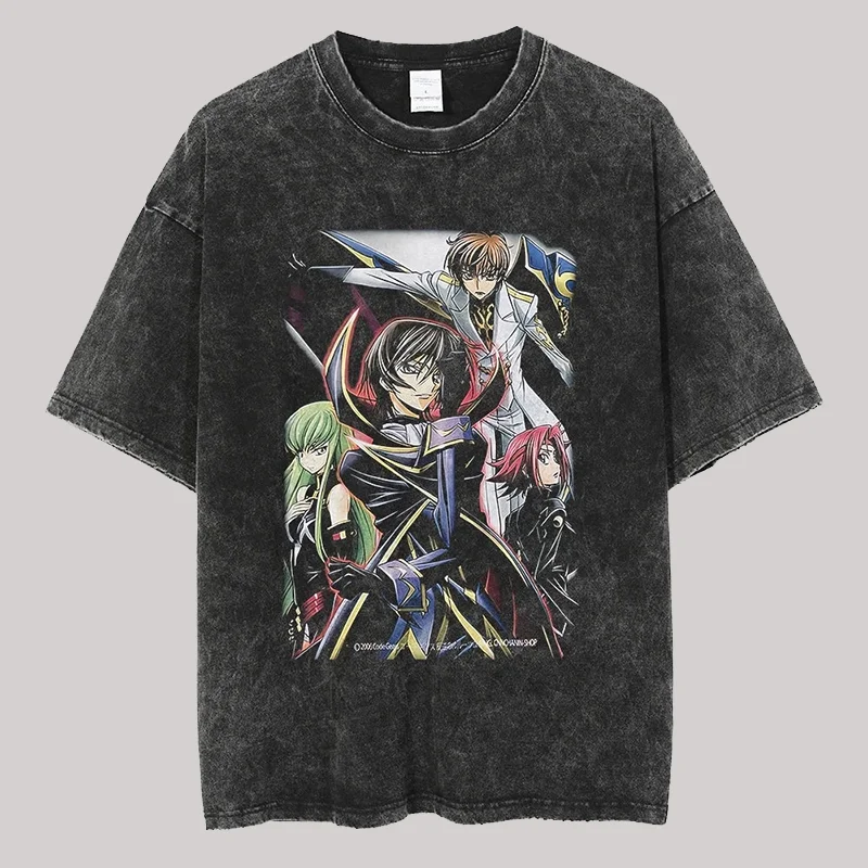 Code Geass Anime T-shirt Vintage Washed Y2K Aesthetic Unisex Oversized Short Sleeve Summer Cotton Retro Streetwear 2026 Hot Sale