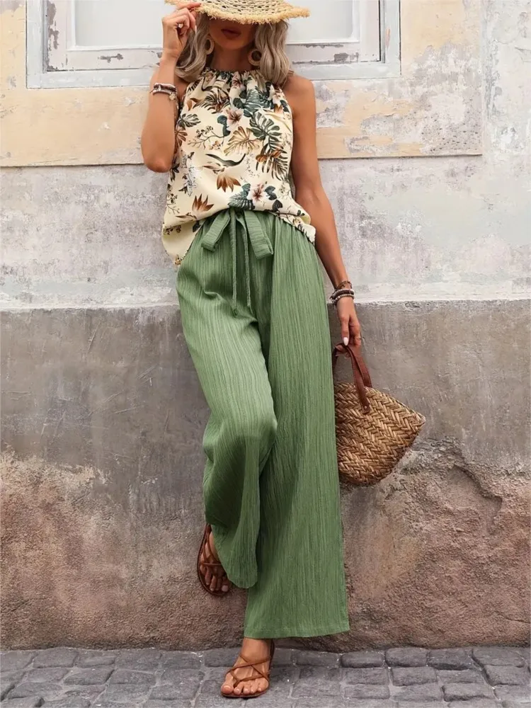 

Fashion Printed Sleeveless Top Pants Two-piece Set For Spring Summer New Sexy Hanging Neck Vest Pants Women's Set