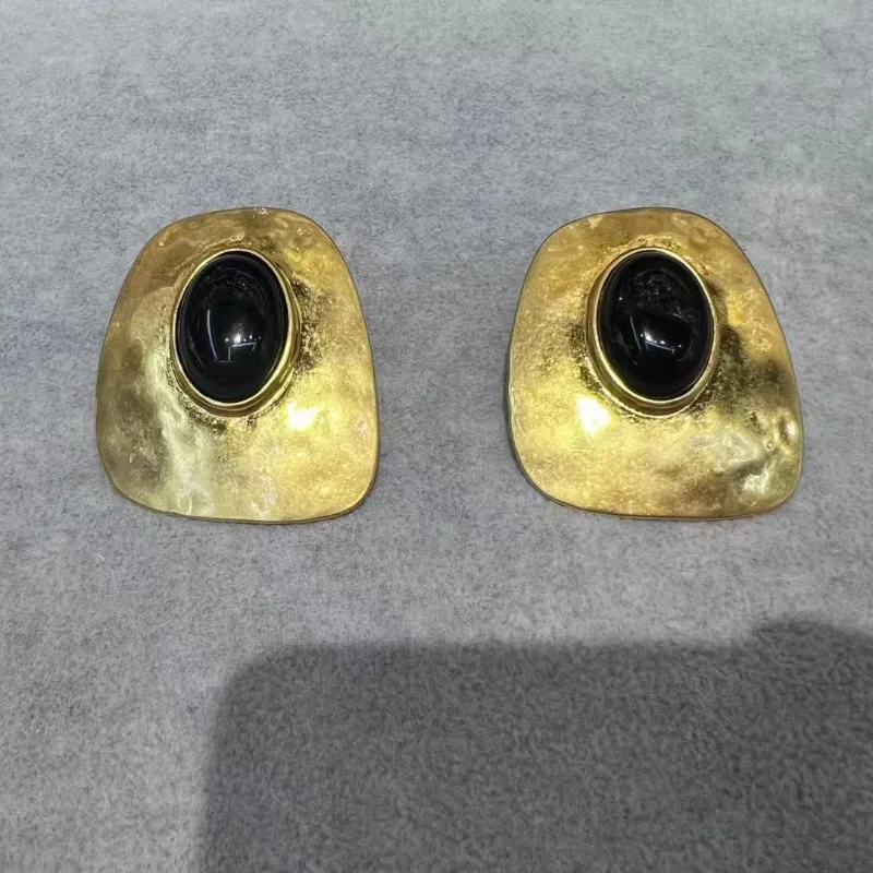 Vintage Gold Plated Alloy Black Stone Dangle Earrings for Women Jewelry Trendy Girls' Daily Statement Earrings Accessories