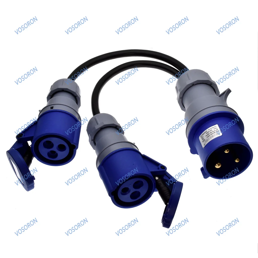 IP44 Waterproof IEC309-2 2P+E Industrial Adapter cord, IEC 309 332P6 32A Plug to 2×IEC309 316C6 16A Receptacle adapter cord