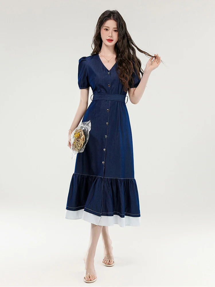 Women Street Clothes Denim Retro Puff Sleeve Single Breasted Belt Slim A-Line Long Dress Elegant Vestidos Robe Casual Sweet New