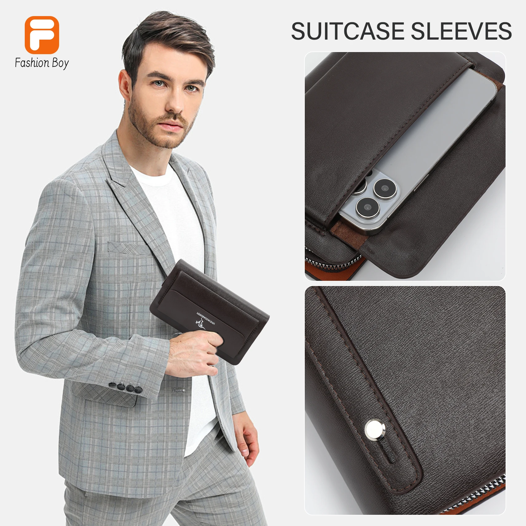 Bolsa de teléfono de gran capacidad con doble cremallera para hombre, bolso de mano de negocios con pinza para múltiples tarjetas