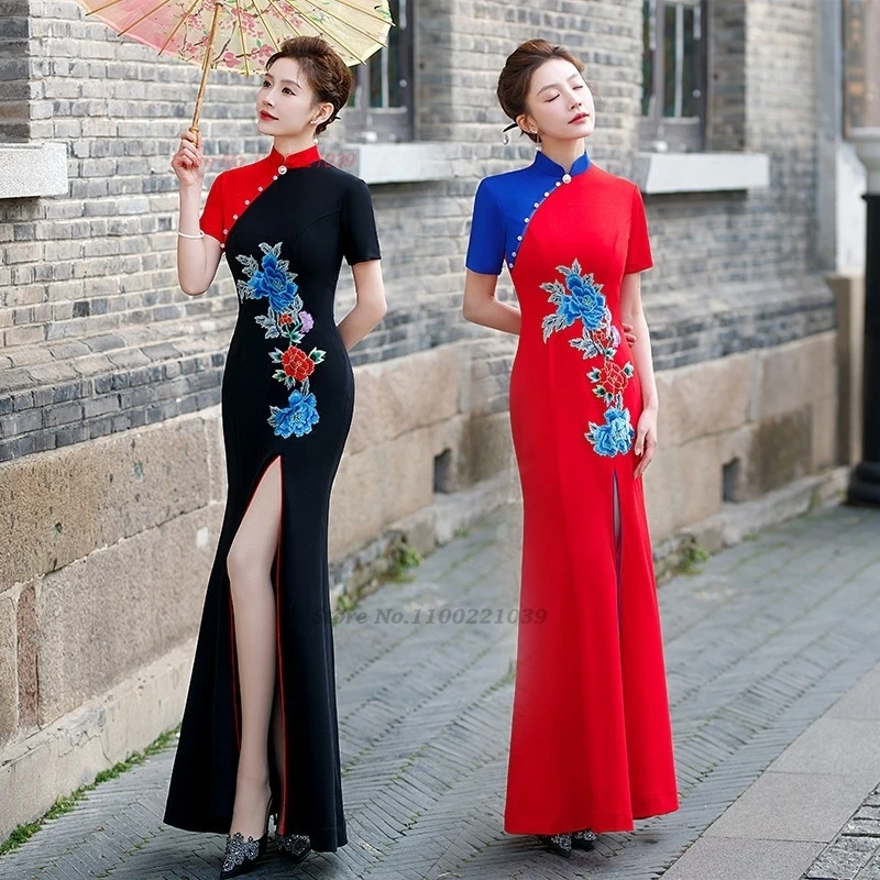 

Китайское винтажное платье 2025 года, улучшенное Cheongsam, национальная цветочная вышивка, лоскутное вечернее платье Ципао, банкетное вечернее платье Ципао