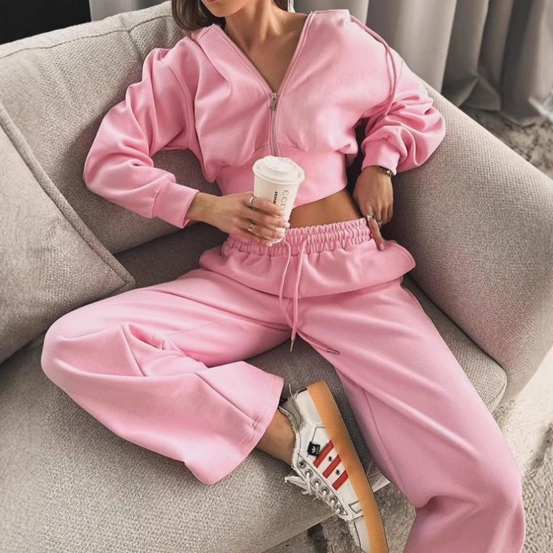 

Осень 2024, новый повседневный женский костюм — толстовка на молнии с длинными рукавами, однотонный цвет и брюки с поясом, комплект из двух предметов