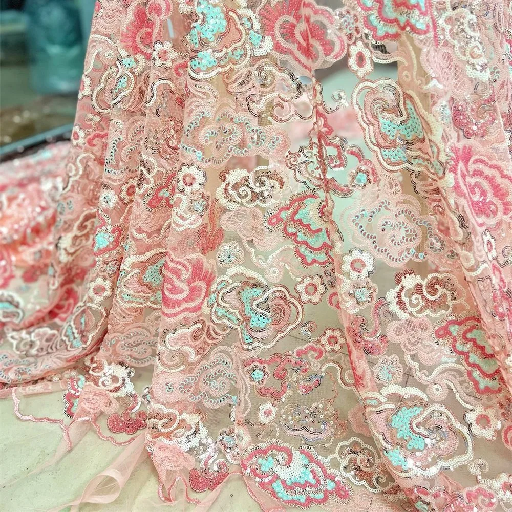 2 Yds/lot 130cm Wide Pink Purple Floral Embroidery Sequin Lace Fabric Mesh Bridal Wedding Dress Gown Embroidered Material F088 - view 2