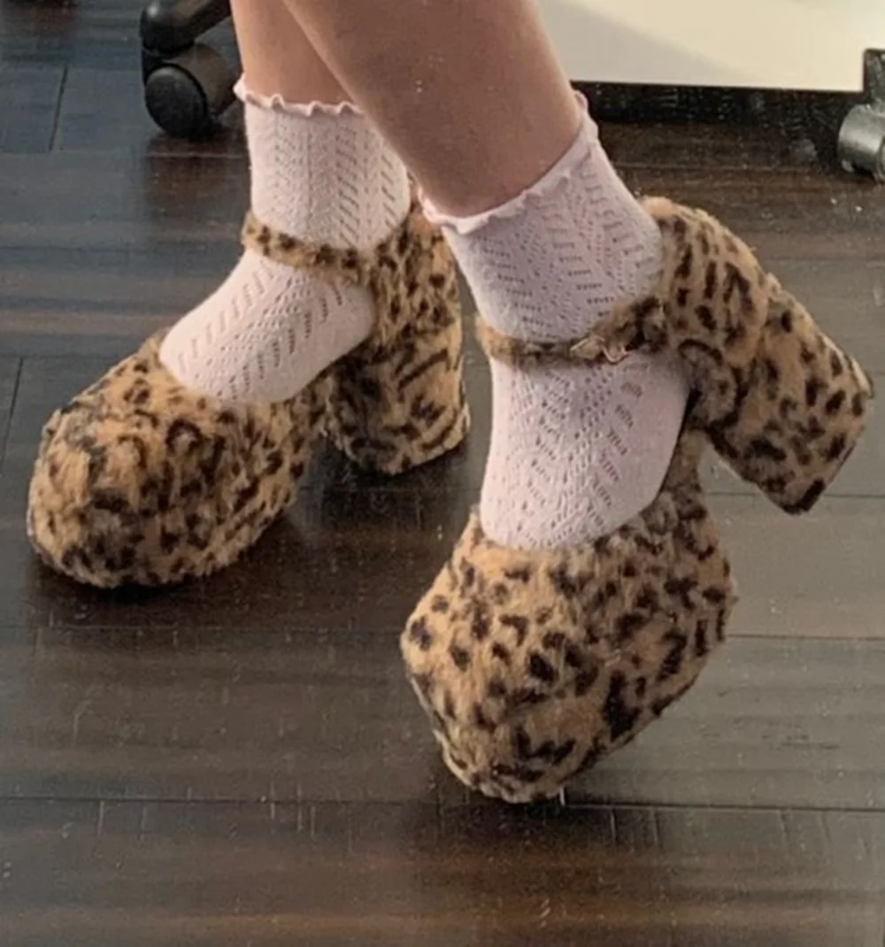 Leopard Print Chunky Block Heel Faux Fur Platform Heels Round Toe Ankle Strap Detail Playful Edgy Cute Footwear for Party Looks