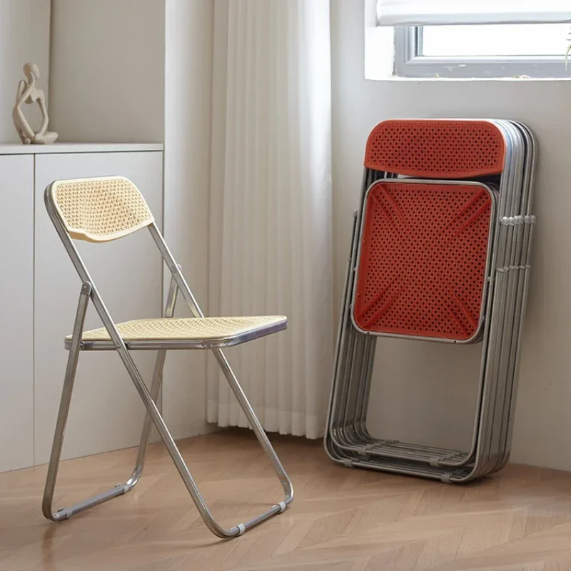 Rattan Folding Chair Home Backrest Living Room Chair Simple Balcony Influencer Photo Stool Casual Retro Transparent Seat