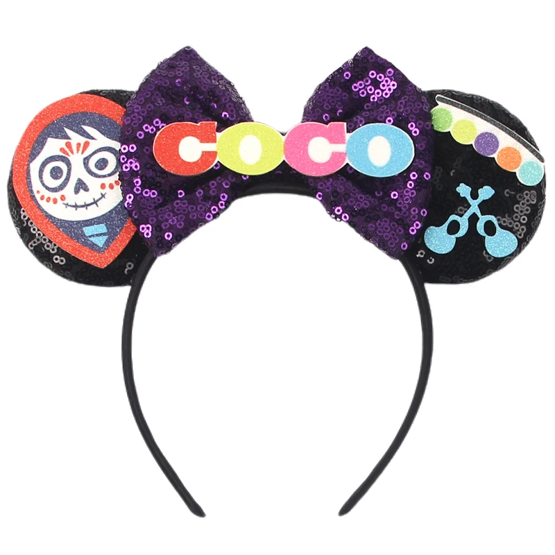Diadema con orejas de Mickey Mouse de Disney Coco, diadema con lentejuelas para fiesta y Festival, diadema con lazo de 5 pulgadas, accesorios para el cabello fiesta para mujeres y niñas, regalos