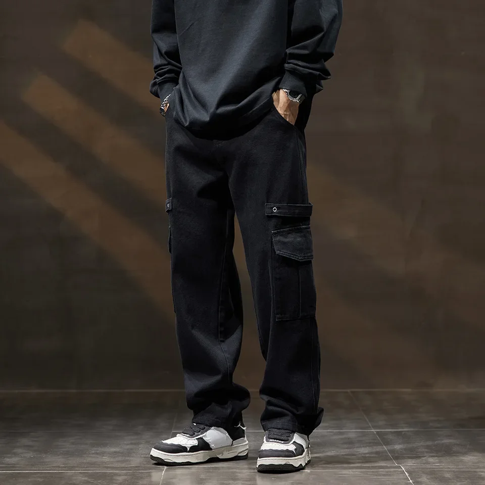 American New Fashion Men's Casual Trendy Black Solid Color Multi Pocket Loose Wide Leg Straight Denim Trousers Male Streetwear