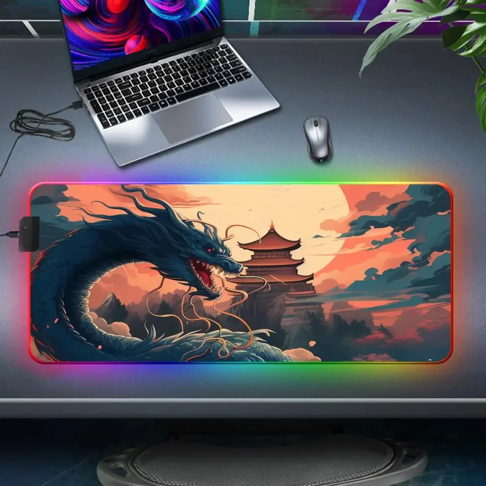 

Large Size Desk Mat Rgb Mausepad Gaming Mouse Pad Japanese Dragon PC Gamer Accessories Rubber LED Light Mousepad For CSGO Honkai