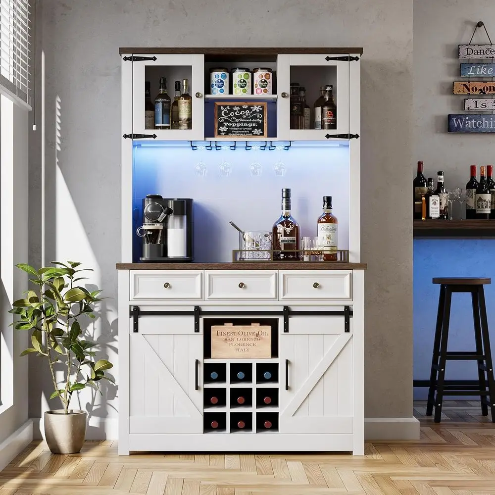 

Rustic White 72 Farmhouse-Style Coffee Bar Cabinet with LED Lights, Power Outlets, Sliding Doors, Wine Rack & Storage