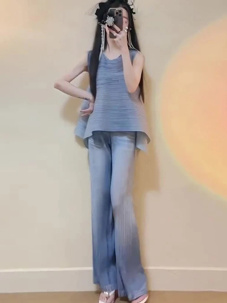 High Waist Casual Pleated Sleeveless Top And Long Pants Set Loose Fit Summer Fashion Three-Style Wind Women's Ensemble