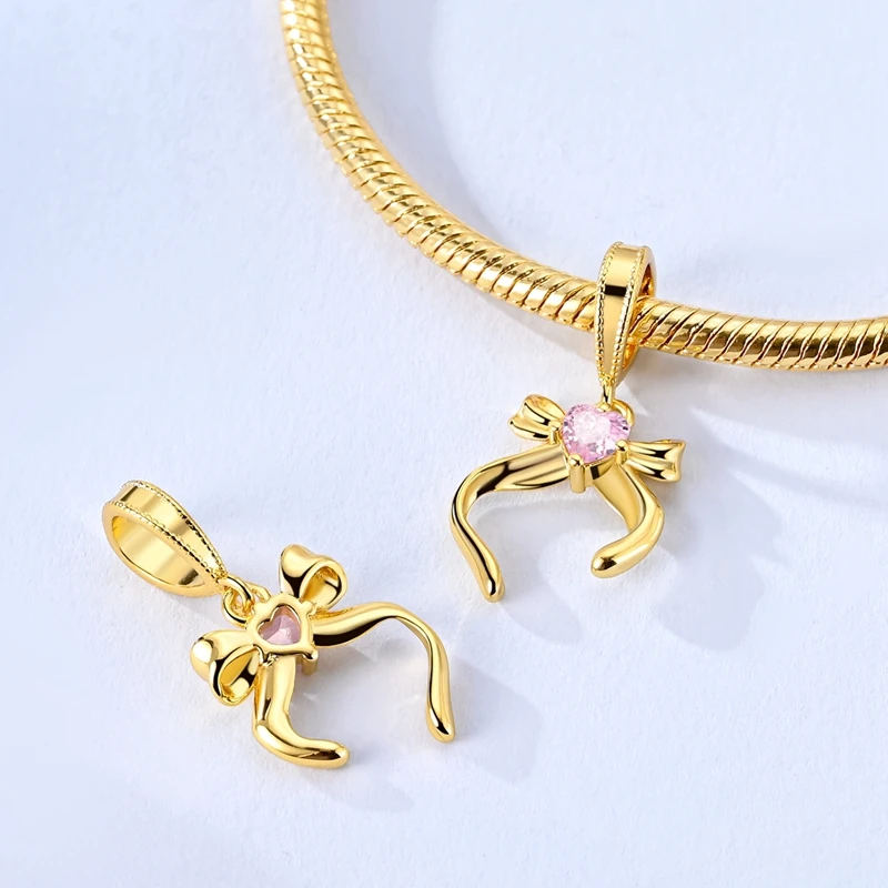 925 Sterling Silver Bow Jewelry Set Pink Zircon Bow Charms Beads Dangle Pendants Hoop Earrings 925 Silver Fit Original Bracelet view 6