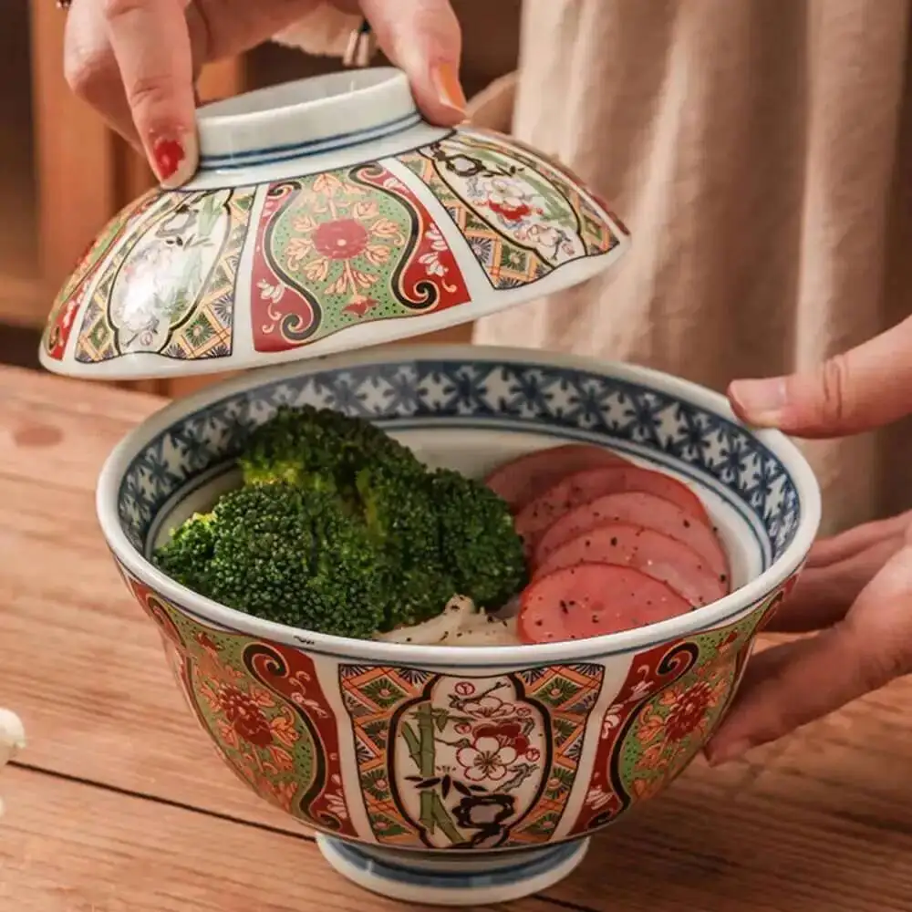 6-inch Japanese Ceramic Rice Ramen Bowl Instant Noodle Soup Bowl With Lid  Kitchen Tableware Supplies