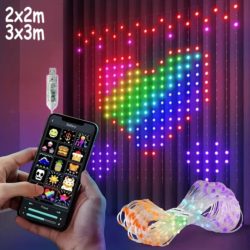 Smart Curtain Lights Bluetooth App Control RGB LED String Waterproof Fairy Light USB DIY Text Pattern Display Party Room Decor