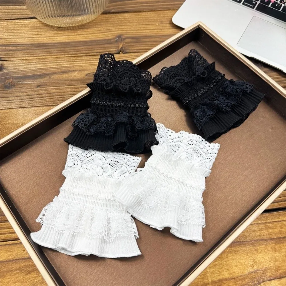 

1Pair Elastic Detachable Sleeves Cuffs Dresses Sweater Decor Costume Accessory Lace Ruffled Wrist Sweet Sun Protection