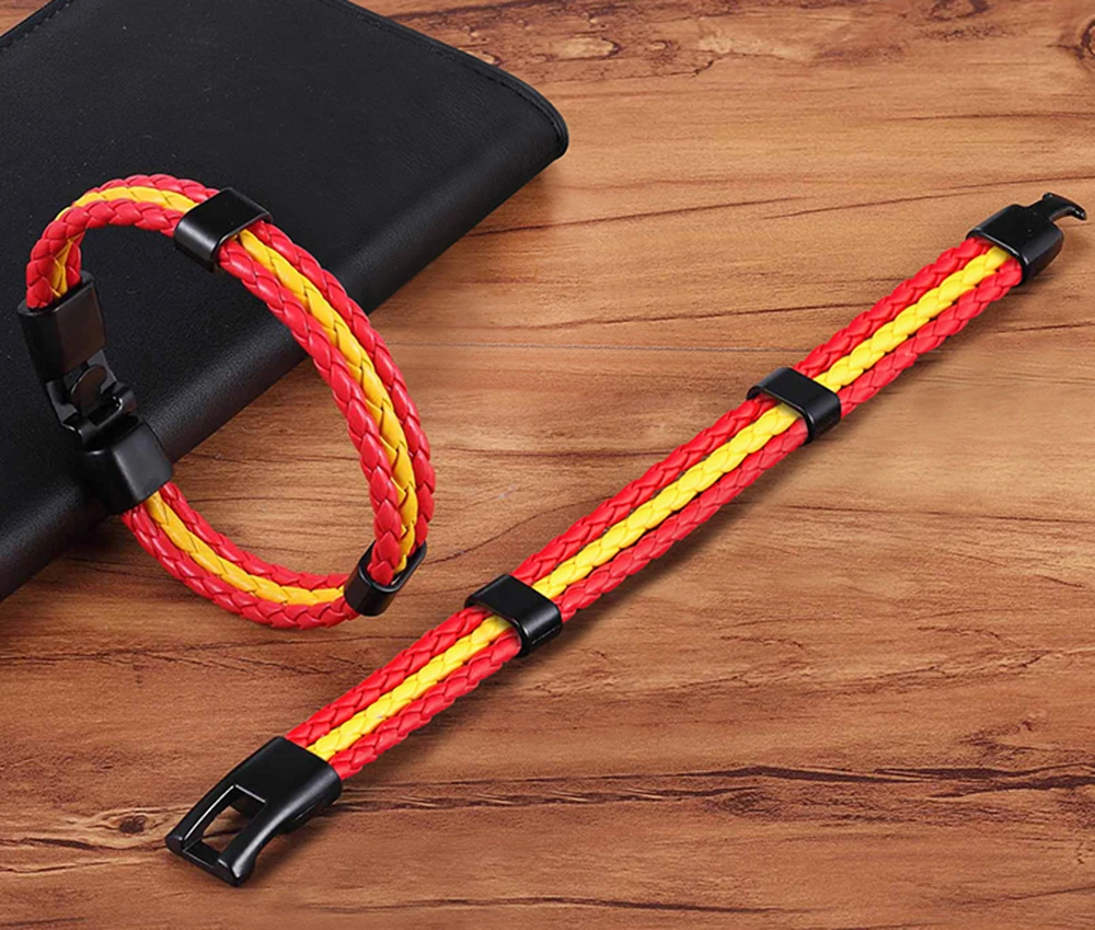 TYO Religious Stainless Steel Men Women Spain National Flag PU Leather Bracelet Handmade Jewelry with Velvet Bag Ship From Spain