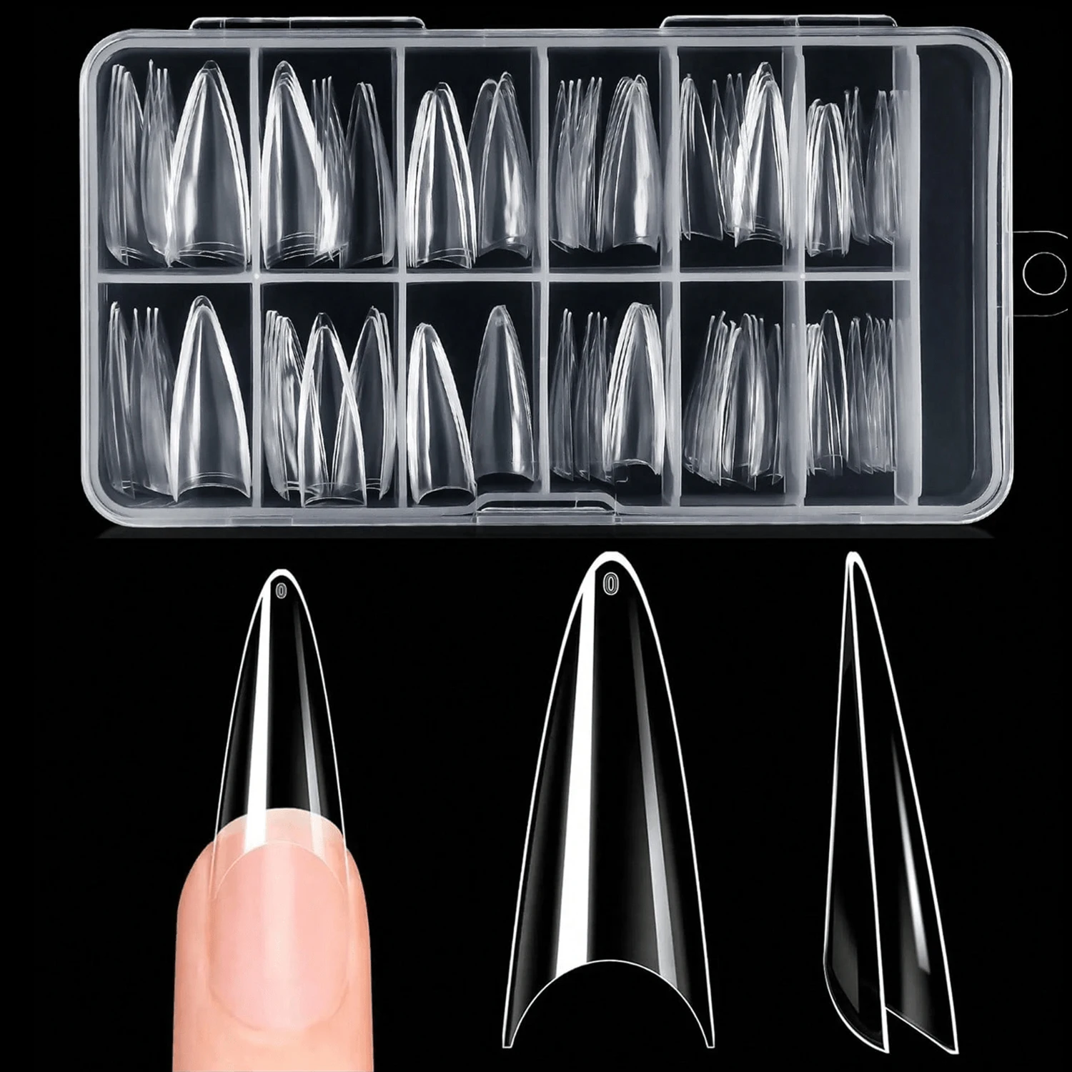 120 faux ongles transparents longs en forme de stiletto, demi-couverture, avec boîte, pour extensions d'ongles en acrylique
