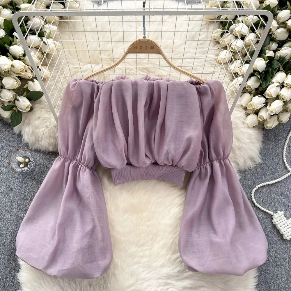 Women's Summer Ready Off Shoulder Crop Top Sheer Chiffon, Long Puff Sleeves, Lavender Elastic Waist Blouse
