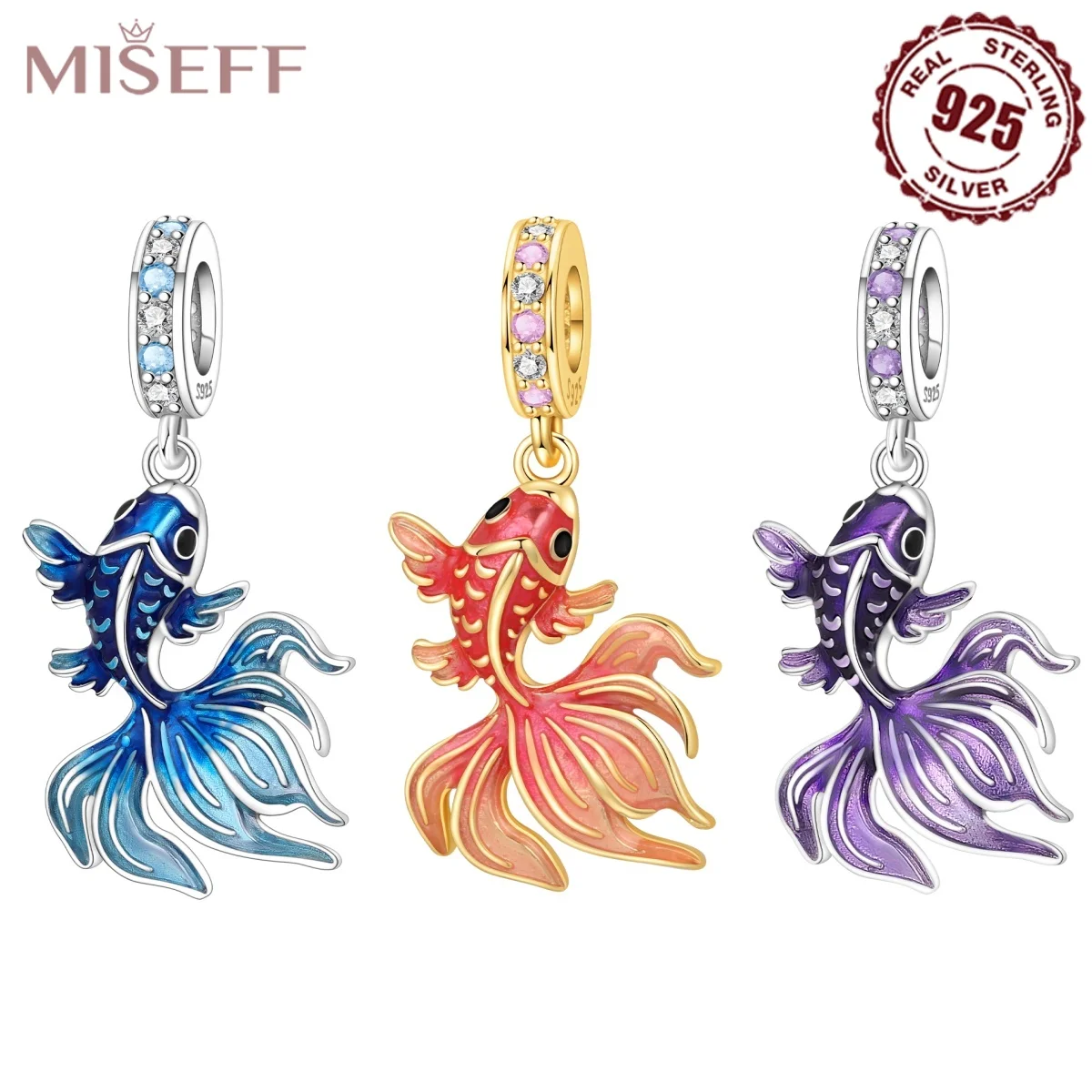 925 Sterling Silver Charm Marine Life Exquisite Purple Pink Blue Fighting Fish Pendant Fit Original DIY Jewelry Making Women Gif