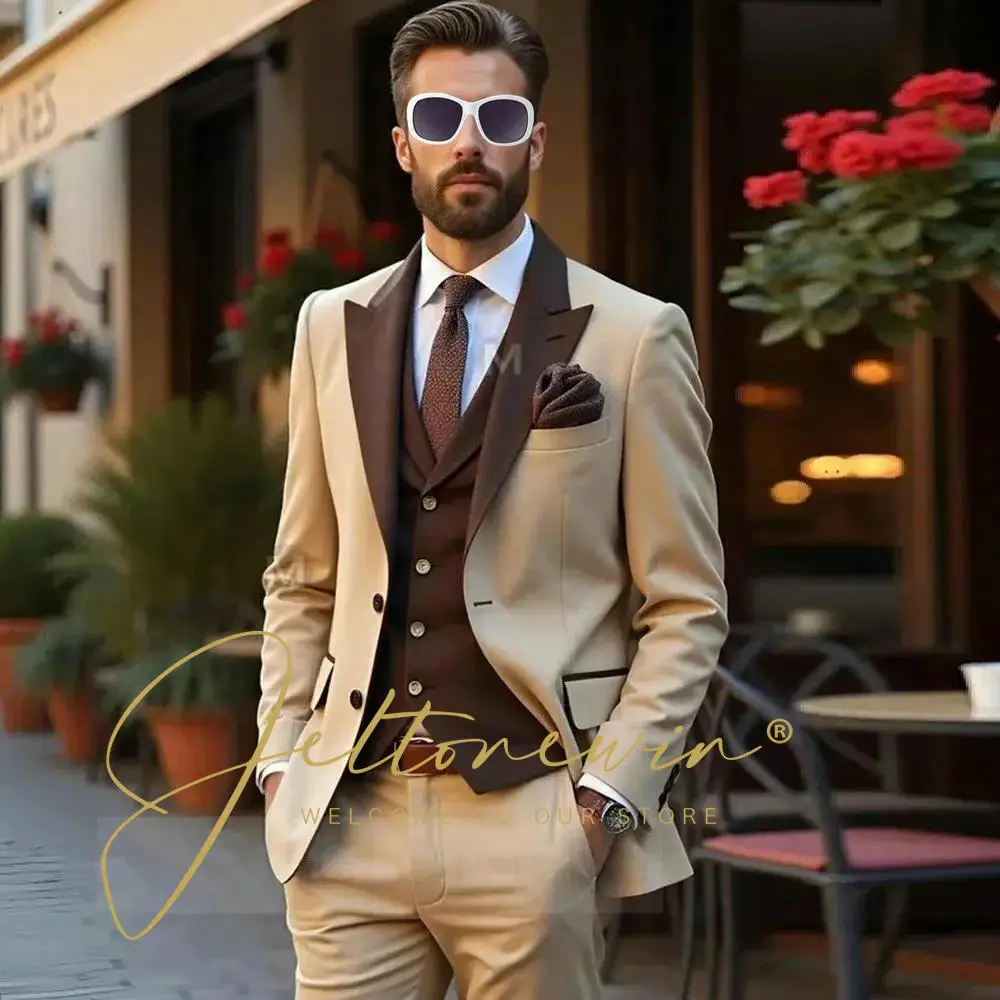 

Men Suits Single Breasted Peaked Lapel Suit 3 Piece Business Casual Blazer Sets Beige And Brown Wedding Party Formal Tuxedos