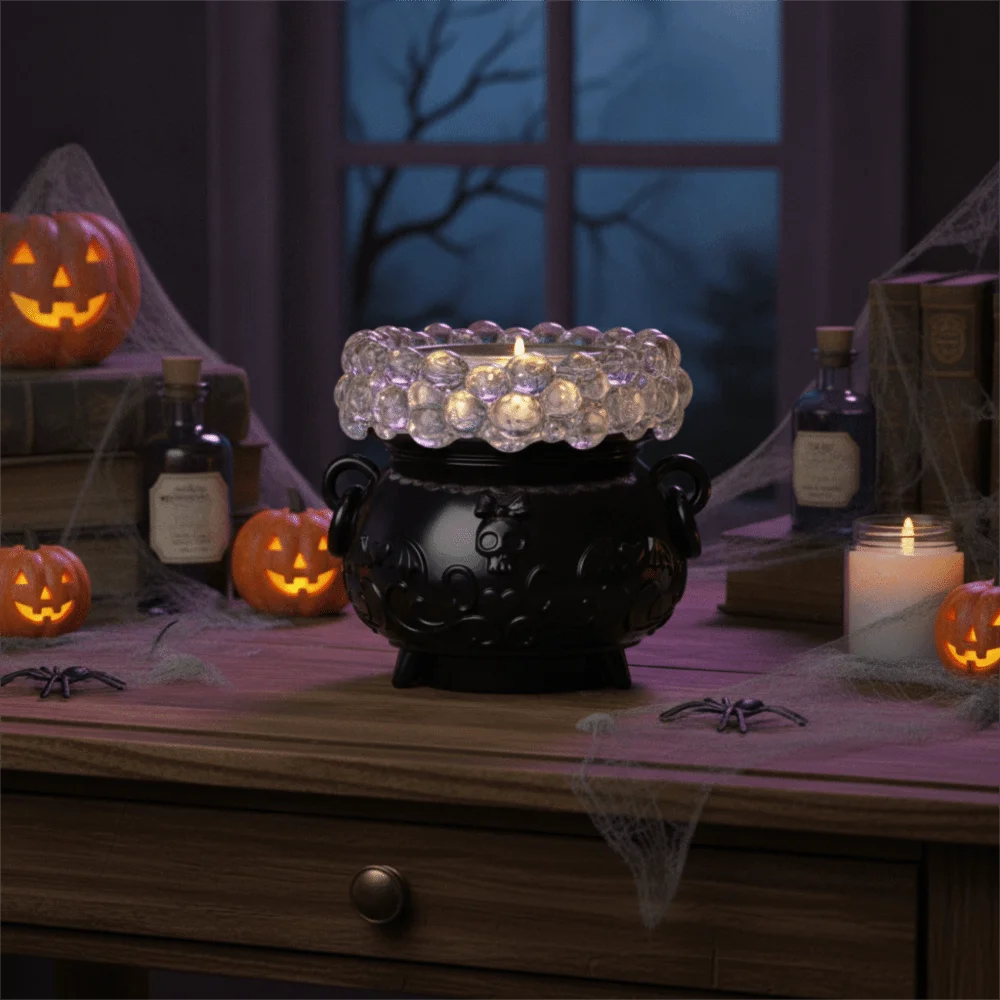 Color-Changing LED Lights Halloween Glowing Bubble Witch Crucible Relief Pattern Resin Bubbling Cauldron Ornament