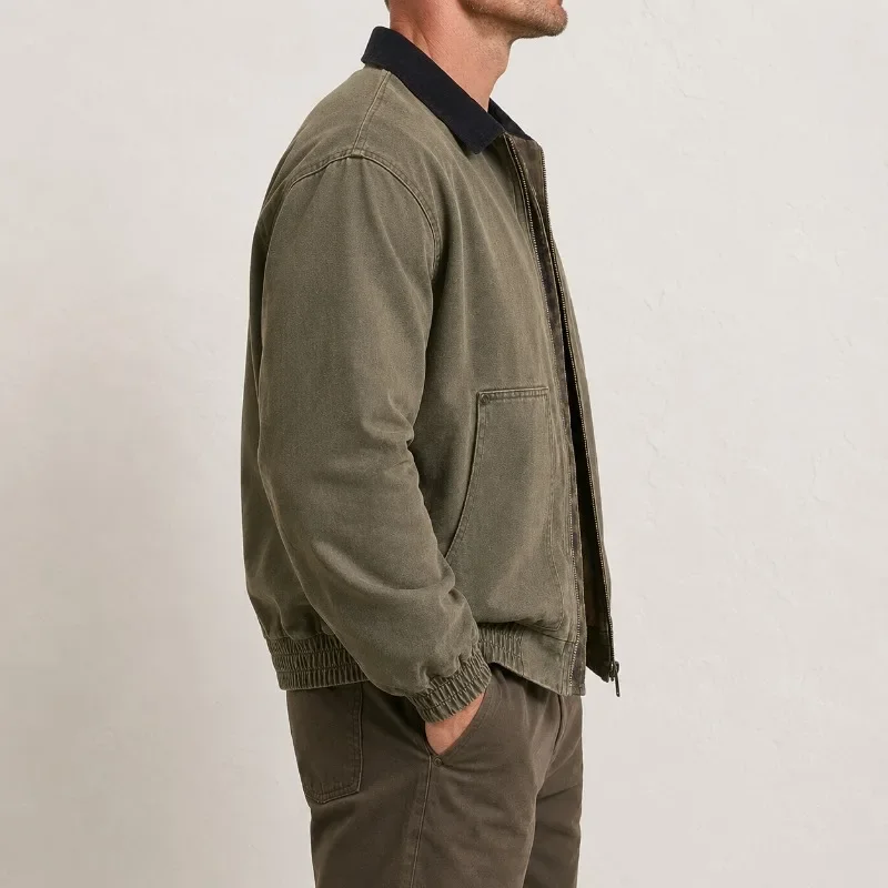 Men's Workwear Jacket Full Zip Contrast Collar Large Patch Pockets Elastic Hem Cotton Long Sleeve Casual Work Jacket