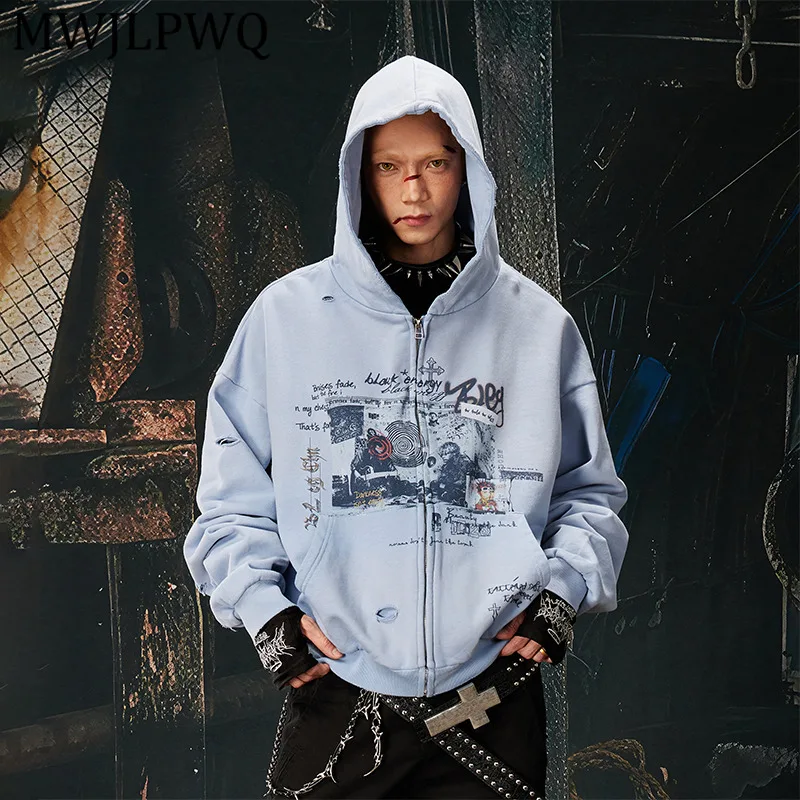 

MWJLPWQ Men's Punk Print Distressed Design Sweatshirt New Y2K Color-Block Streetwear Loose Hooded Zipper Spring Tops Tide 13335