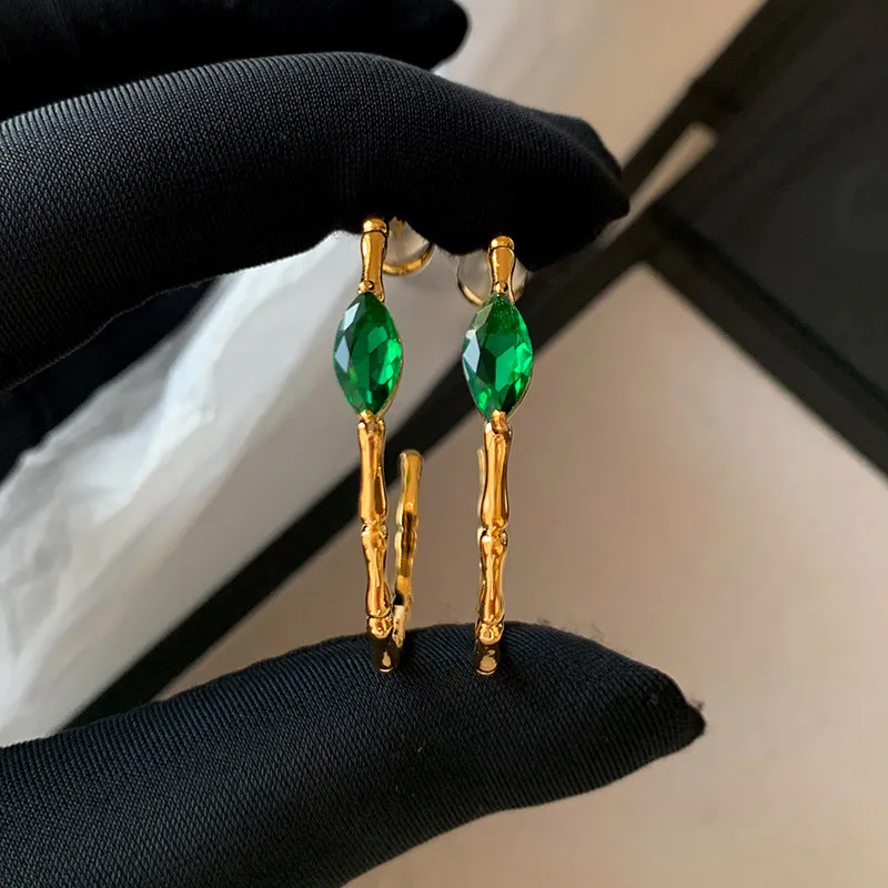 Bamboo Gold Hoop Earrings Set Vintage S925 Silver Post Marquise Green Zircon Drop Earrings Unique Green Crystal Jewelry Gift