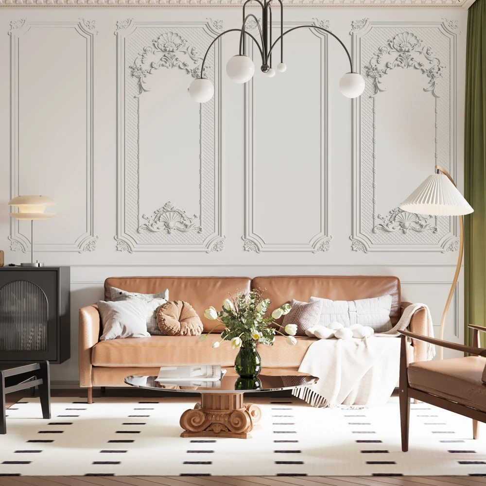 3D stereoscopic French wallpaper retro gypsum line sofa bedroom headboard wall cloth TV background wall wall paper