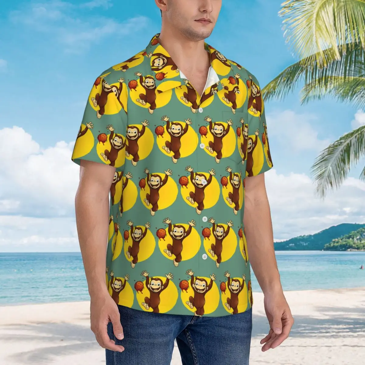 

Curious George Monkey Happynes Hawaiian Shirts Fashion Men Short Sleeve Shirt for Summer Beach Men's Button Tops
