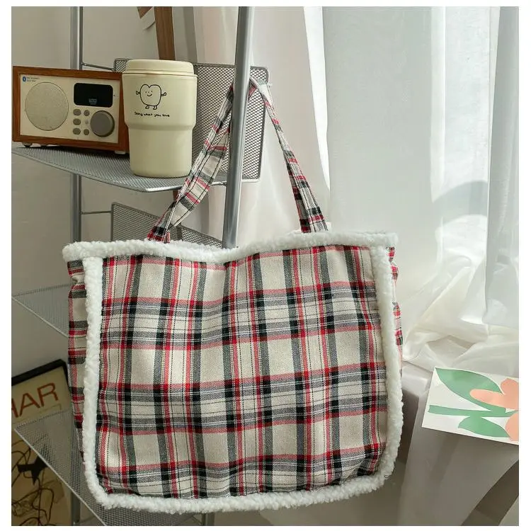 Women Bag Vintage Autumn Winter Plaid Casual Fashion Sweet Fluffy Shoulder Bag Handbag Bookbag for Students