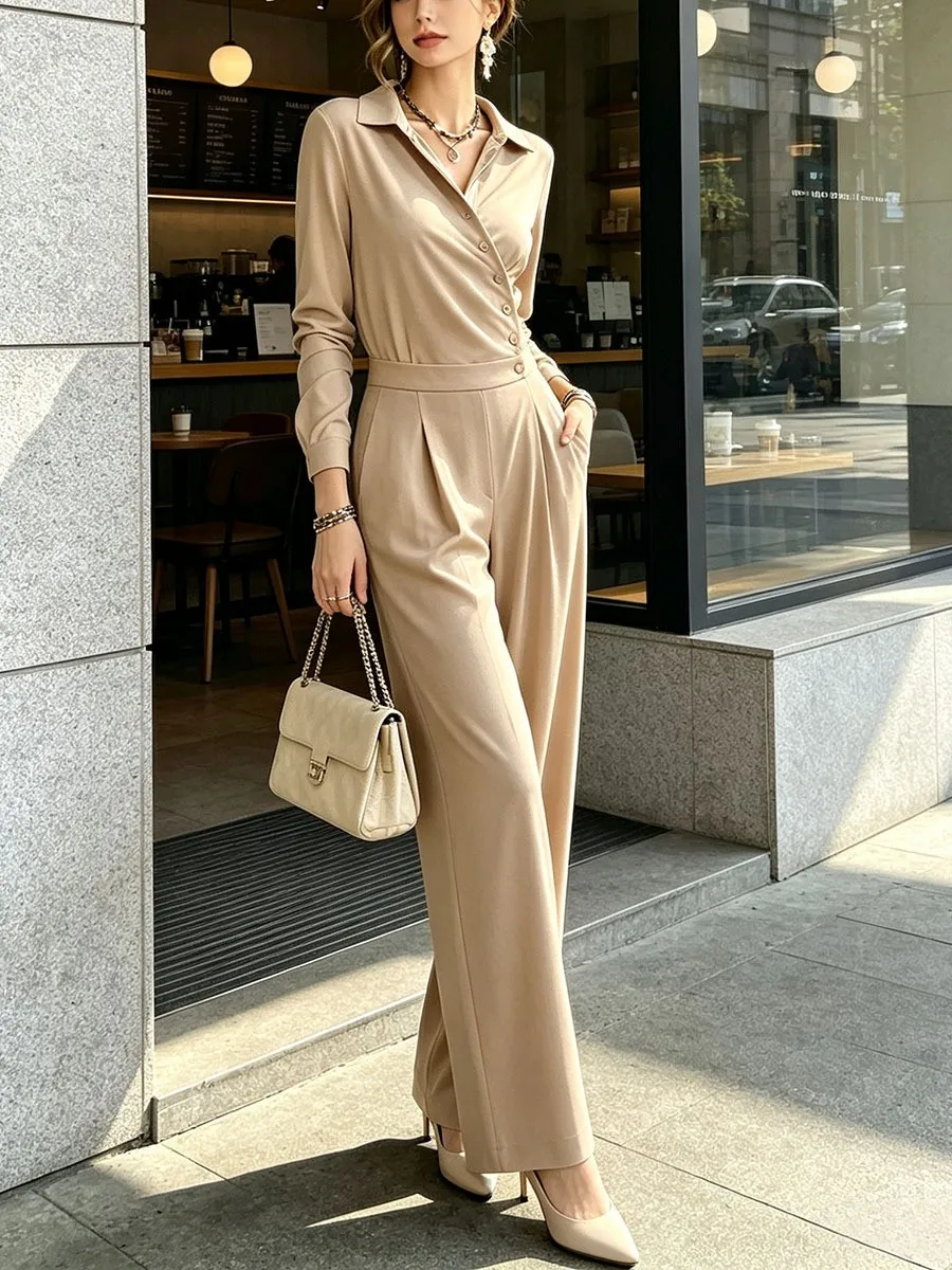 Casual Pants Long Pants Middle Waist Fresh Sweet with Long Sleeves Medium Stretch Autumn Simple Style Mid Season Women Jumpsuit